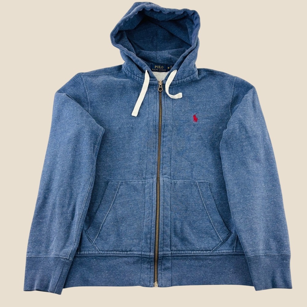 Polo Ralph Lauren Mens Blue Heather Full Zip Fleece Hoodie Side Pockets Size M